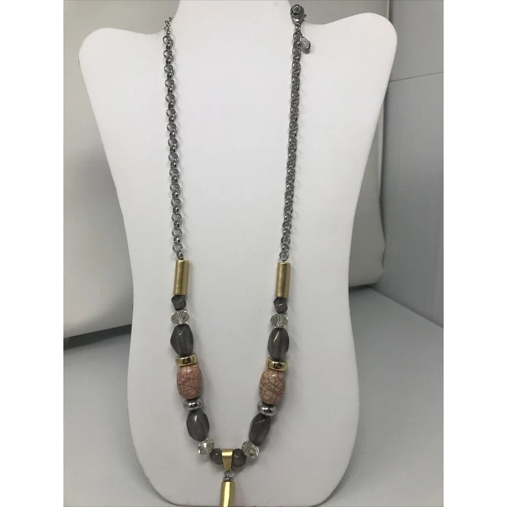 CHICO'S Necklace Chunky Beads Pink Gray Clear Gold Tone Statement